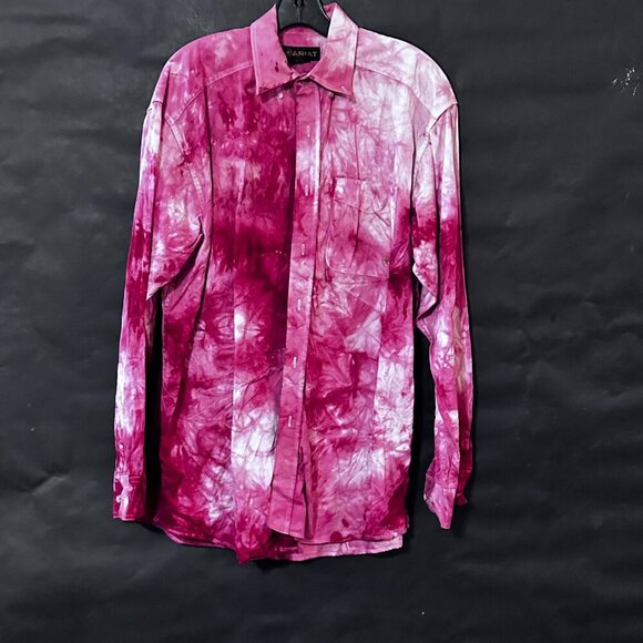 Ariat Tie Dye Shirt Long Sleeve Size Large Red Pink Rodeo Pearl Snaps Cowboy LT - Picture 7 of 10